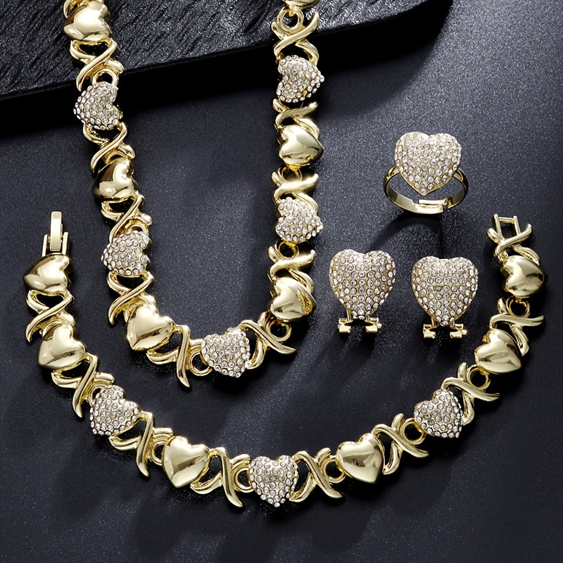 5pcs Heart-shaped Design Necklace Bracelet Earring Ring Jewelry Set Inlaid Shiny Synthetic Zirconia Women Romantic Engasynthetic Gemstoneent Wedding Jewelry Gifts