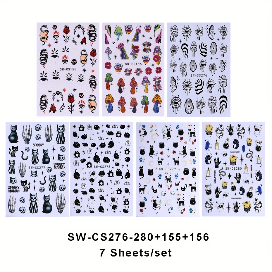Image of 7pcs/set Halloween Evil Eye Mushroom Nail Sticker Star Cartoon Cat Snake Nail Slider Manicure Nail Art Decoration Accessories