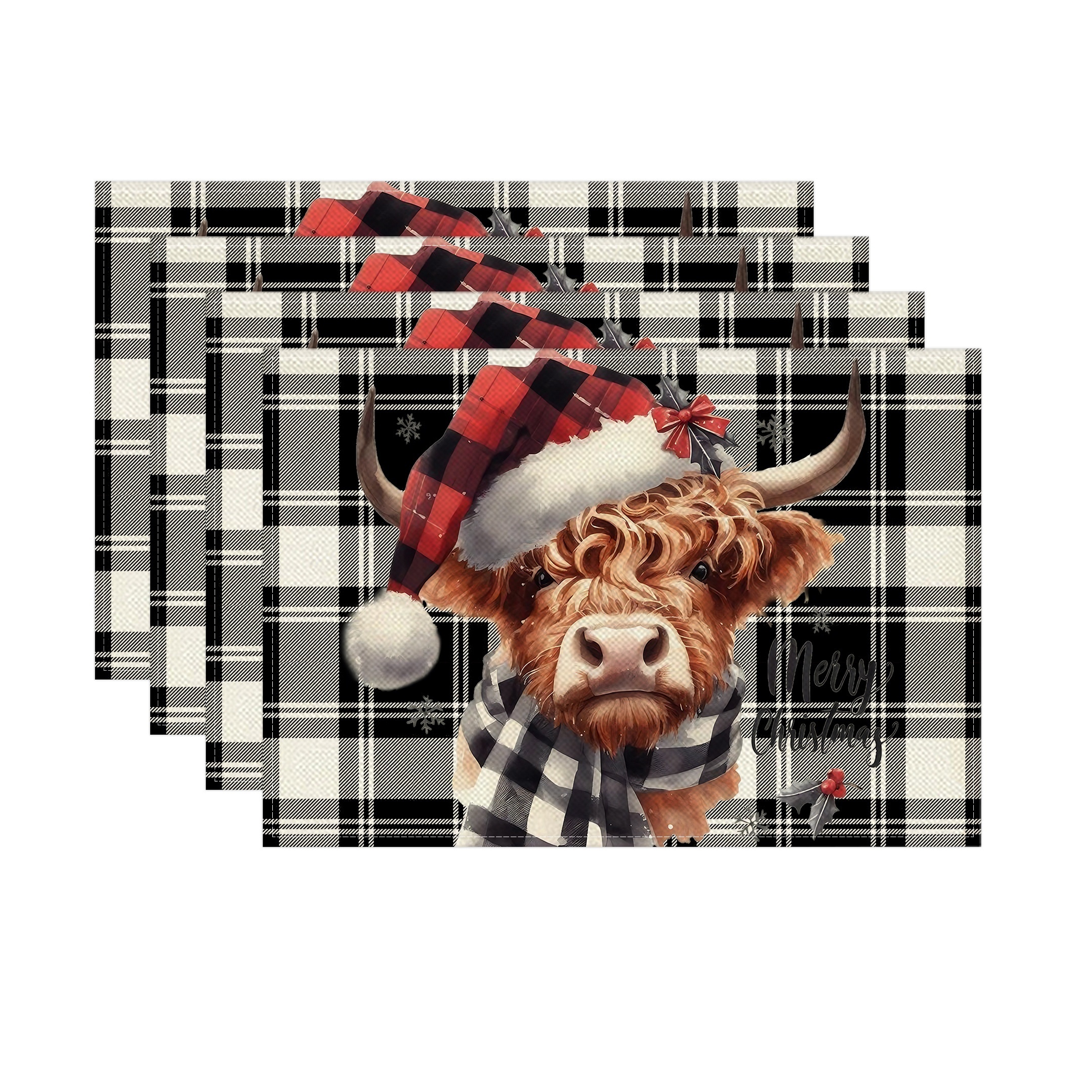 

4pcs Set Christmas Linen Placemats - Highland Cow & Farmhouse Design, Heat-resistant, Machine Washable, Polyester, 12x18 Inches - Holiday Dining Decor