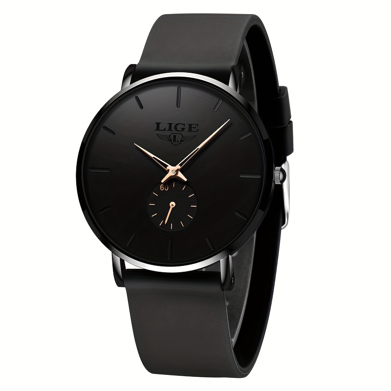 LIGE Black Stylish Quartz Watch, Comfortable Design