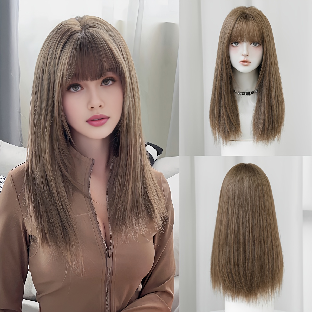 1pc mocha brown straight synthetic wig with bangs for women  display picture 2