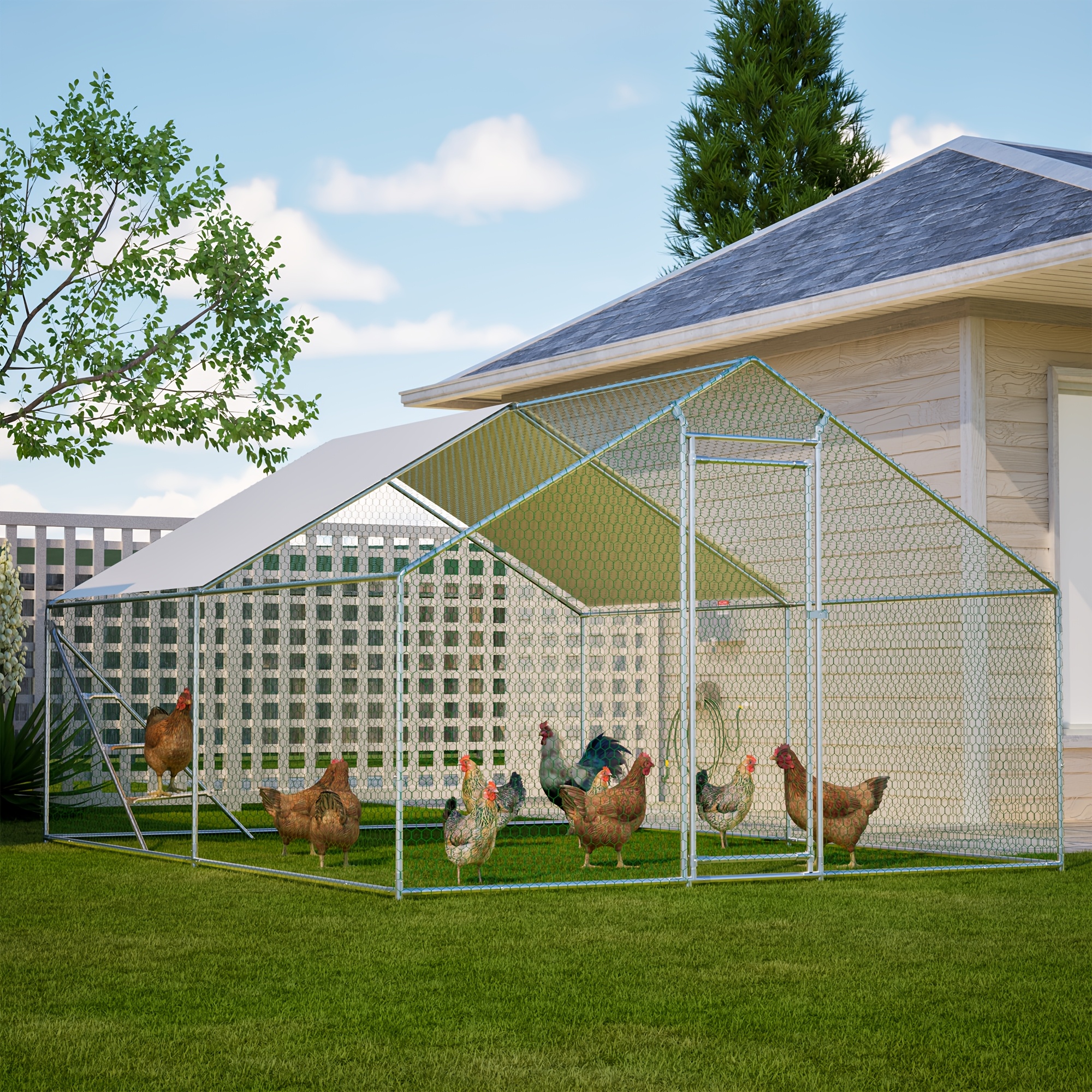 Metal Chicken Coop 303x400cm With Climbing Ladder Frame, Roof, And Safety Lock, Weatherproof Aviary Chicken Coop For Small Animals And Poultry