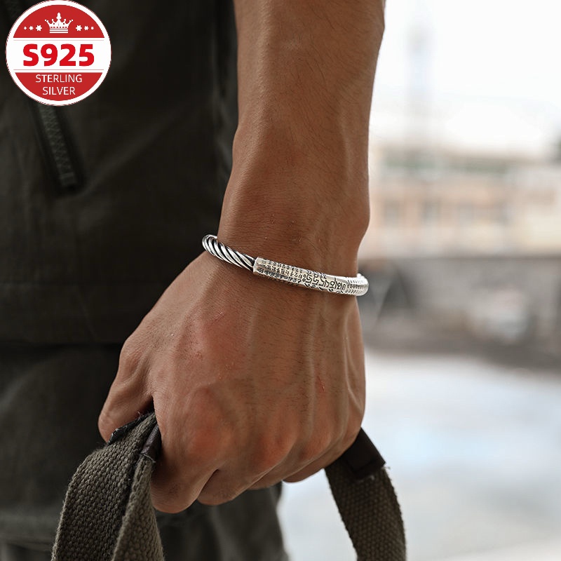 TEMU S925 Sterling Silvery Men's Open Bracelet Woven Fried Dough Twists Light Bracelet Old Bracelet, Unisex Bracelet, Perfect Gift For Thanksgiving Christmas Halloween Anniversary