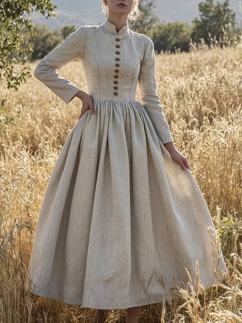 maxi dress long sleeve stand collar solid color vintage apricot