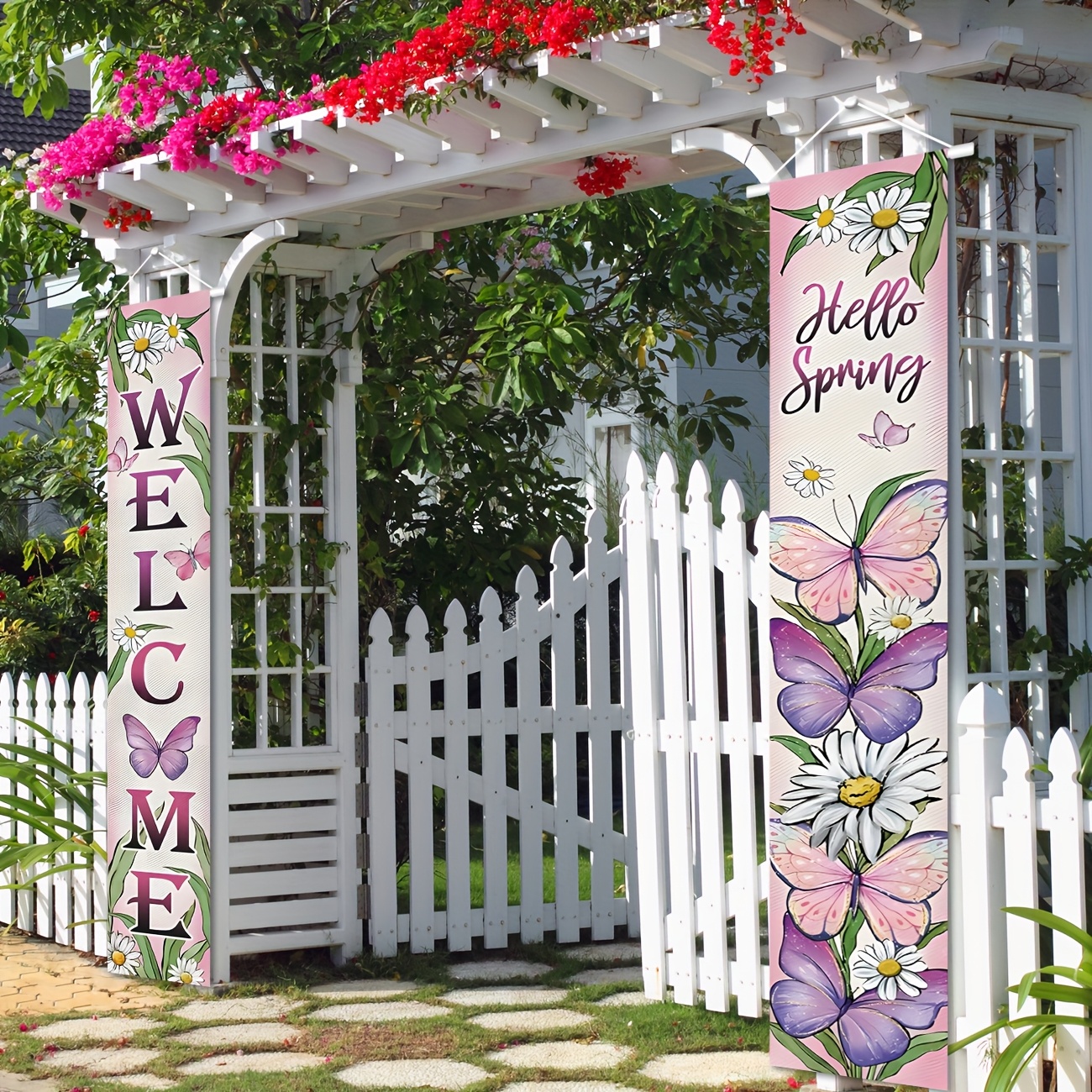 

Welcome Spring Porch Banner Sign, Hello Flower Front Door Decorative Hanging Banner Flag, Floral Seasonal Decoration Home Outdoor Decor