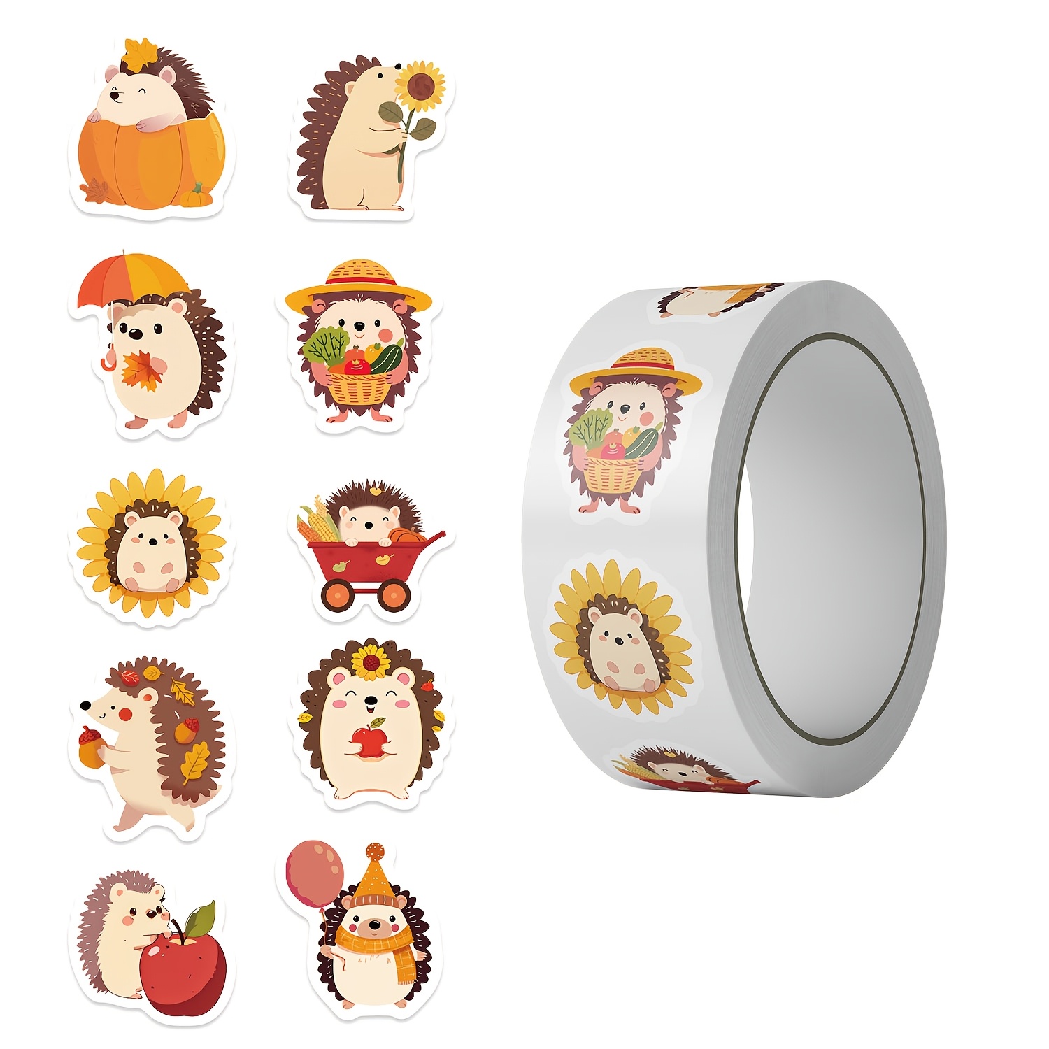 TEMU 500pcs/roll Animal Autumn Hedgehog Sticker Roll Thanksgiving Day For Scrapbooking Stationery Card Envelope Party Supplies Award