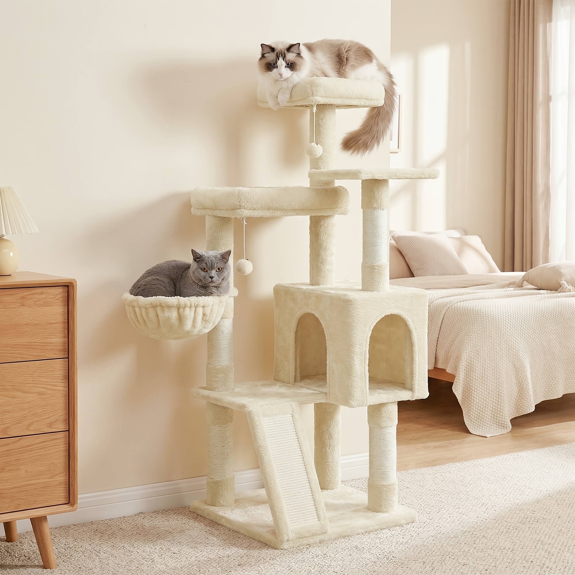 Multi-level Cat Tree, With Ramp, Scratching Posts, 3 Platforms, Cave, Basket, 2 Balls, 136cm High