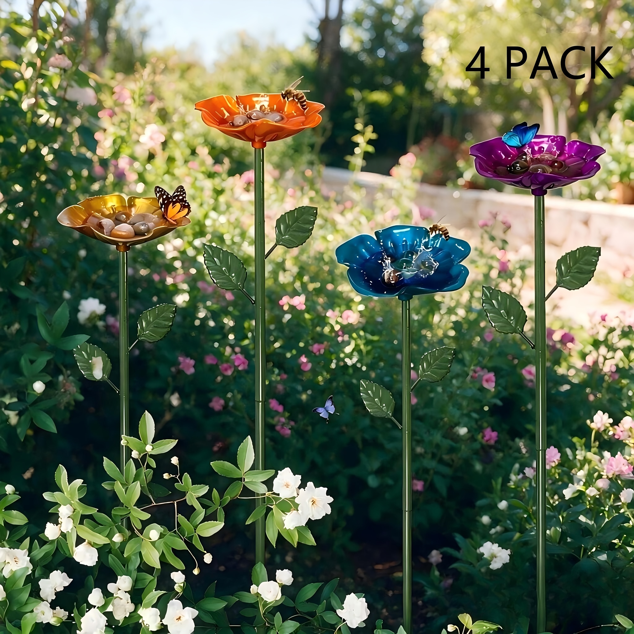 Image of 4 Pack Flower Shaped Metal Bee Watering Station, Bee Feeder With Anti-slip Marbles, Bee Bath For Outdoor Garden & Flower Pots, Iron Decor To Bees & Wild , & Bee Cups