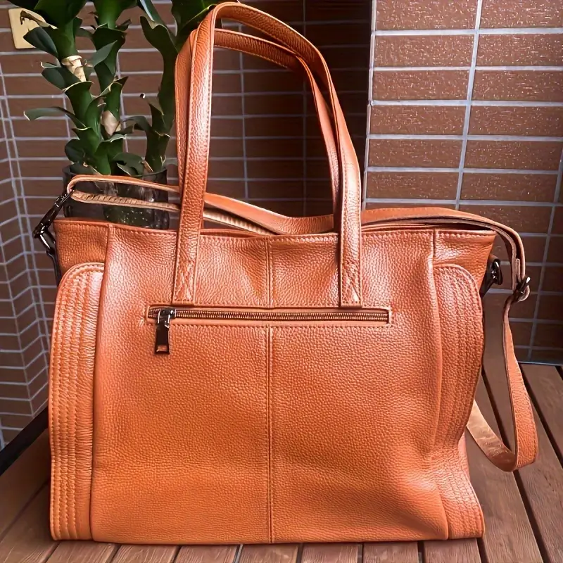 solid color tote bag for women large capacity fashionable shoulder bag with adjustable strap single shoulder crossbody zippered handbag Product details 0