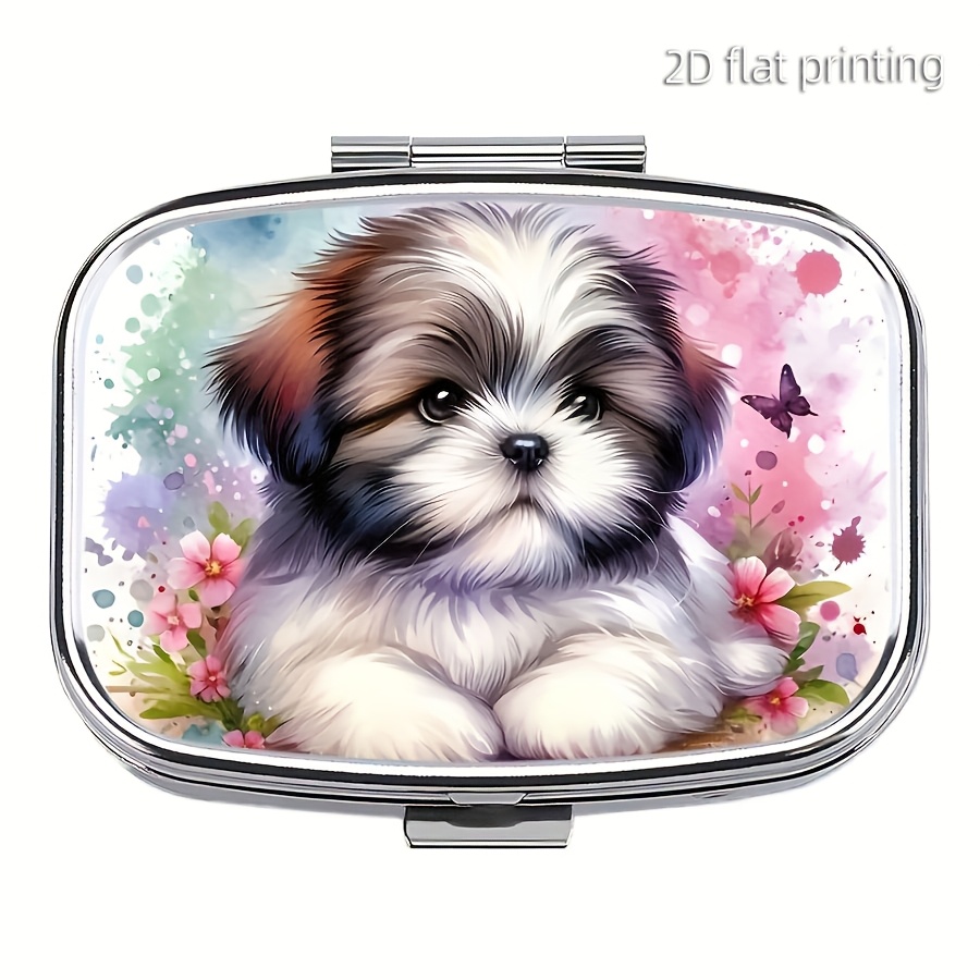 Image of 1 "cute Puppy" Pill Box, 2 Compartment Portable Square Bags, Pocket/wallet Design For Easy Carrying, Suitable For Storing Vitamins, Medicines And Jewelry