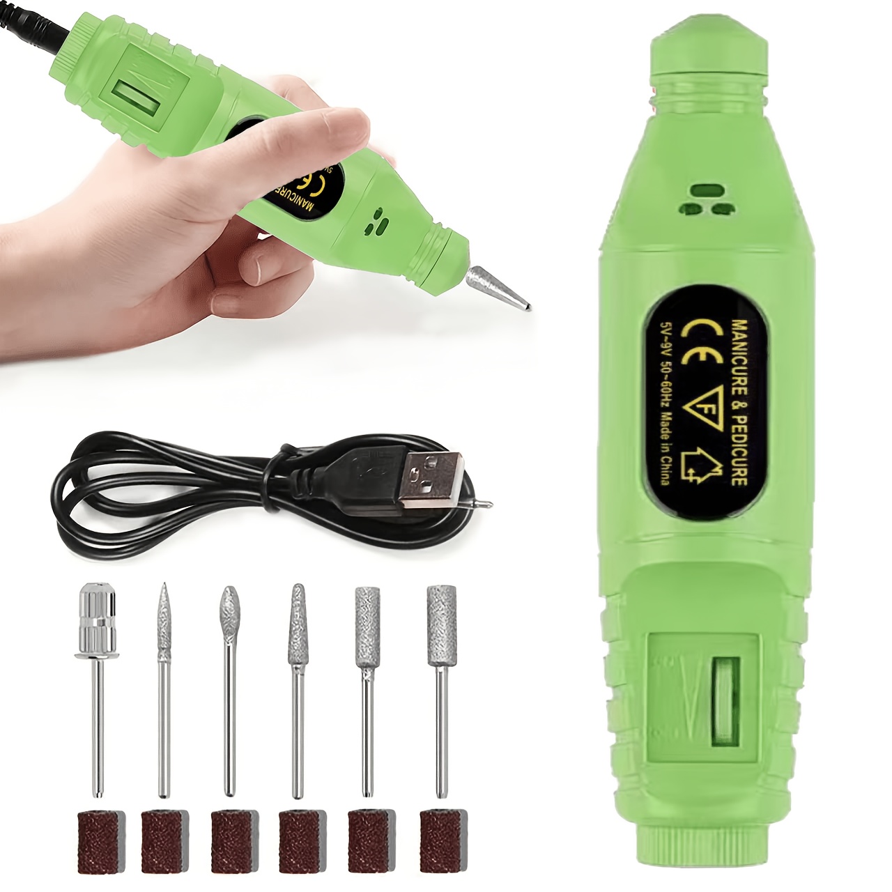Green USB Electric Nail Drill Pen, Portable Nail File Set