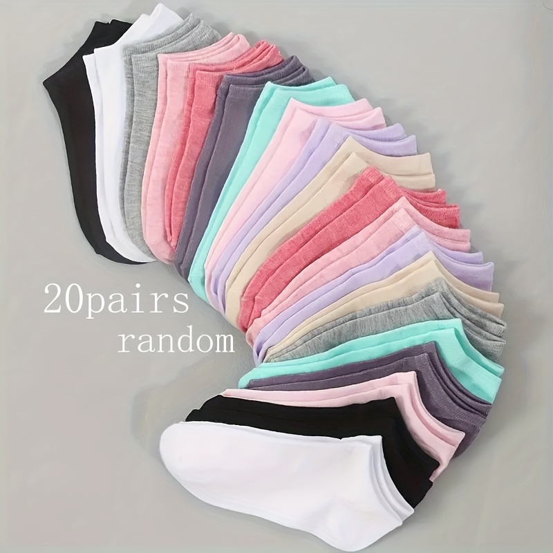 Image of Mixed Color 20-pair Random Assortment Ankle Socks - Wq - Unisex Spring/summer Thin Minimalist Solid Color Business & Sports Non-slip Socks
