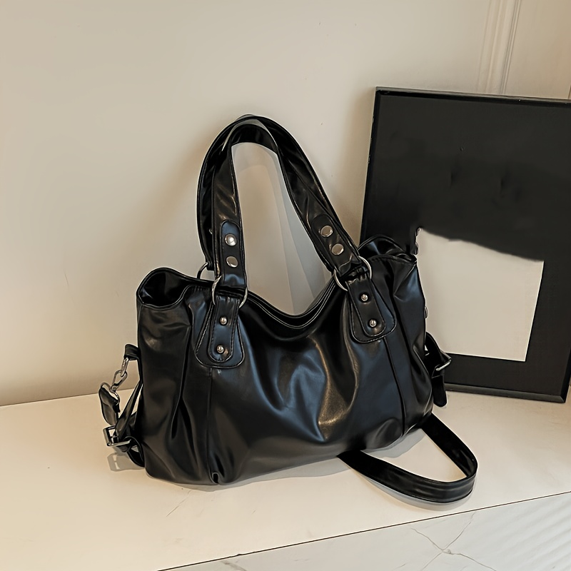 TEMU Sac fourre-tout vintage grande pour femmes, sac à main épaule couleur unie texture vieillie, sac à bandoulière de voyage style européen pour le