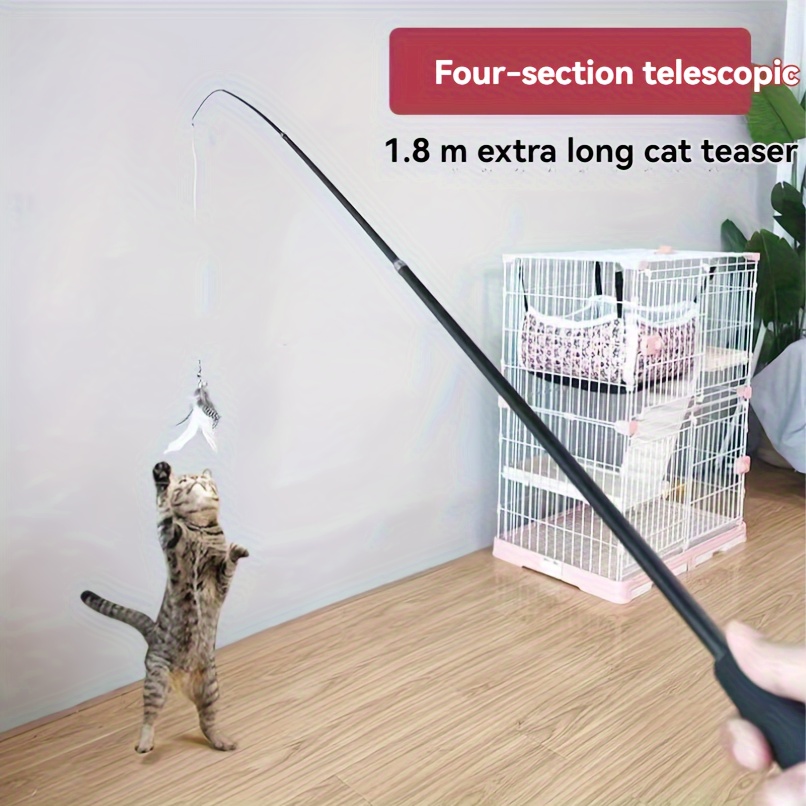 

1pc Telescopic Cat Teaser Wand, 1.8m Extra Long, 4-section Rod With Replaceable Bell And Feather Head, Interactive Toy For Cats, Made Of Plastic