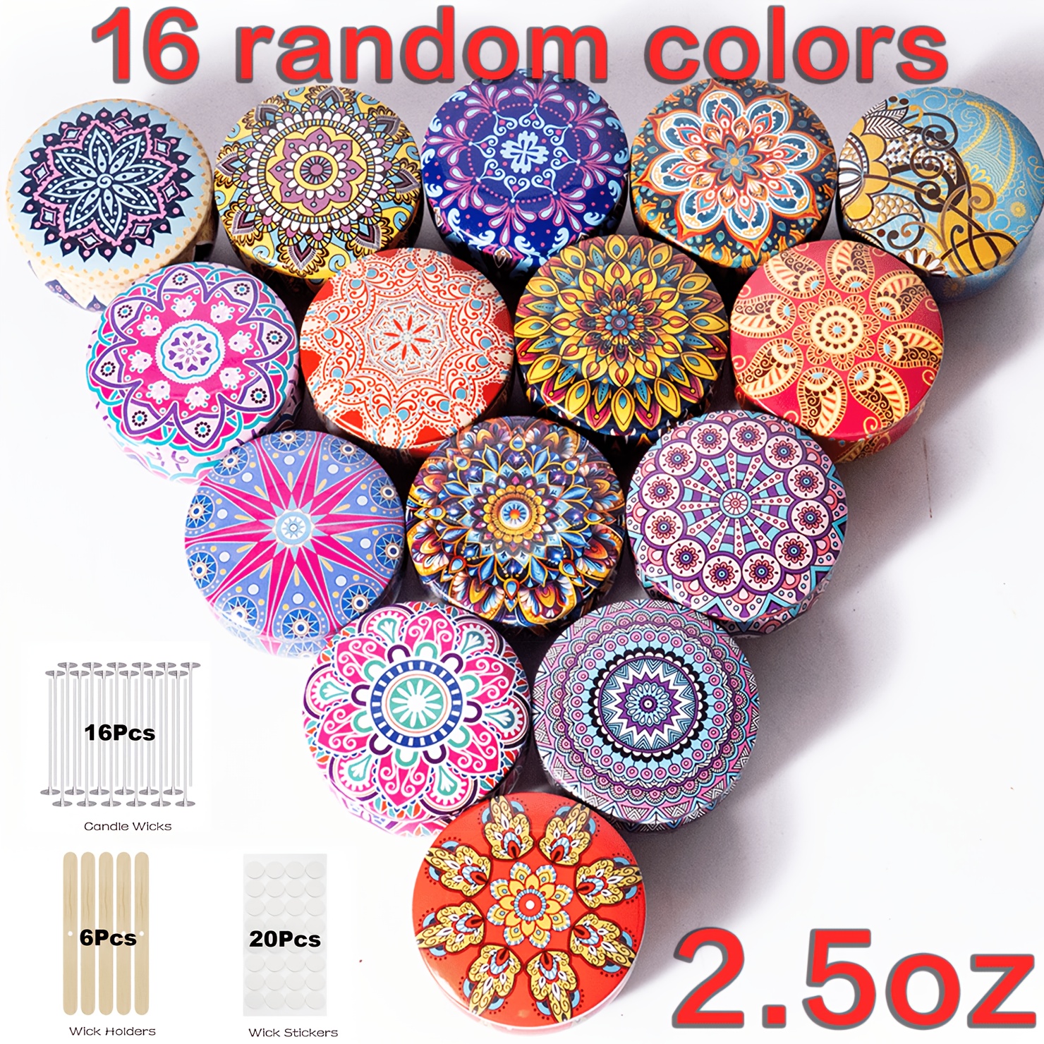 TEMU Kit de 58 piezas para hacer velas estilo bohemio, latas de metal de 2.5 oz, 16 recipientes vacíos para velas de estilo aleatorio con tapas, para