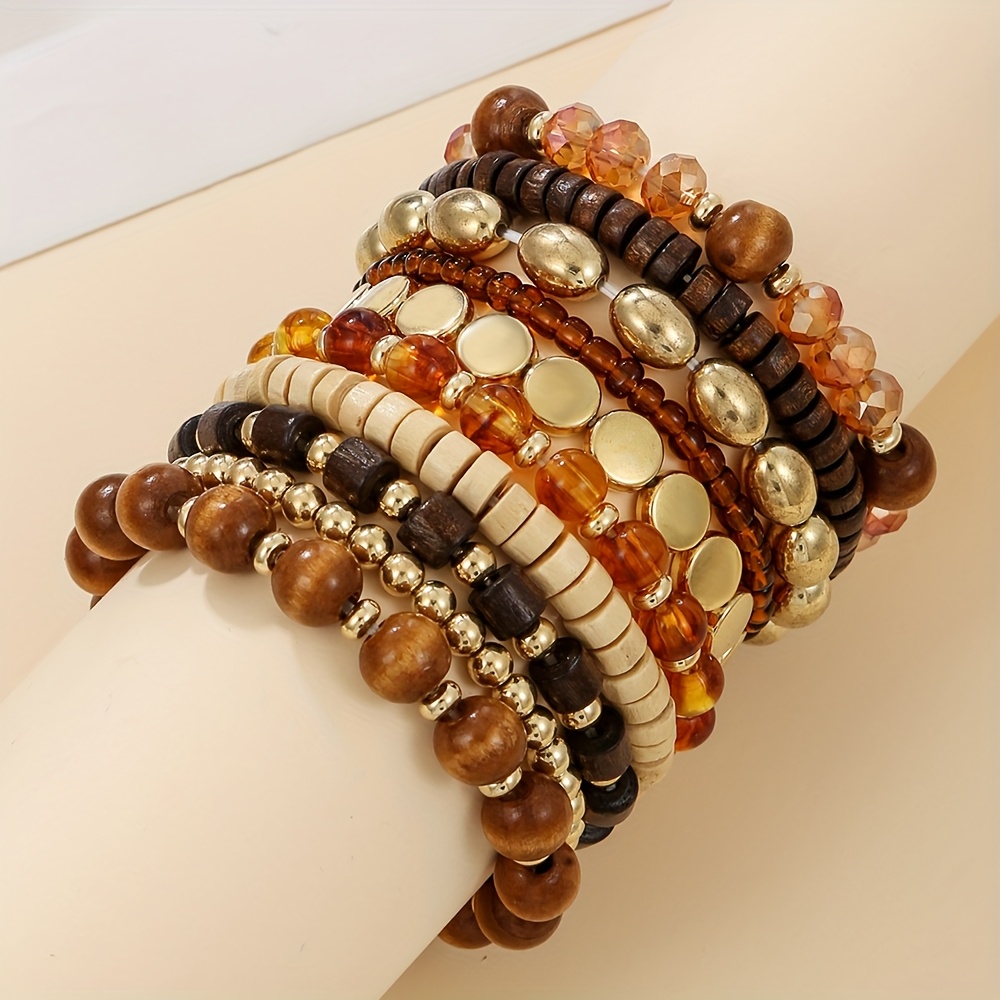 E-shop Vintage Boho-Chic 10/11-teiliges Perlenarmband-Set - Acryl- und Holz-CCB-Mehrschichtige Stapelbare Armreifen, Ideal für Partys und Geschenke, zu