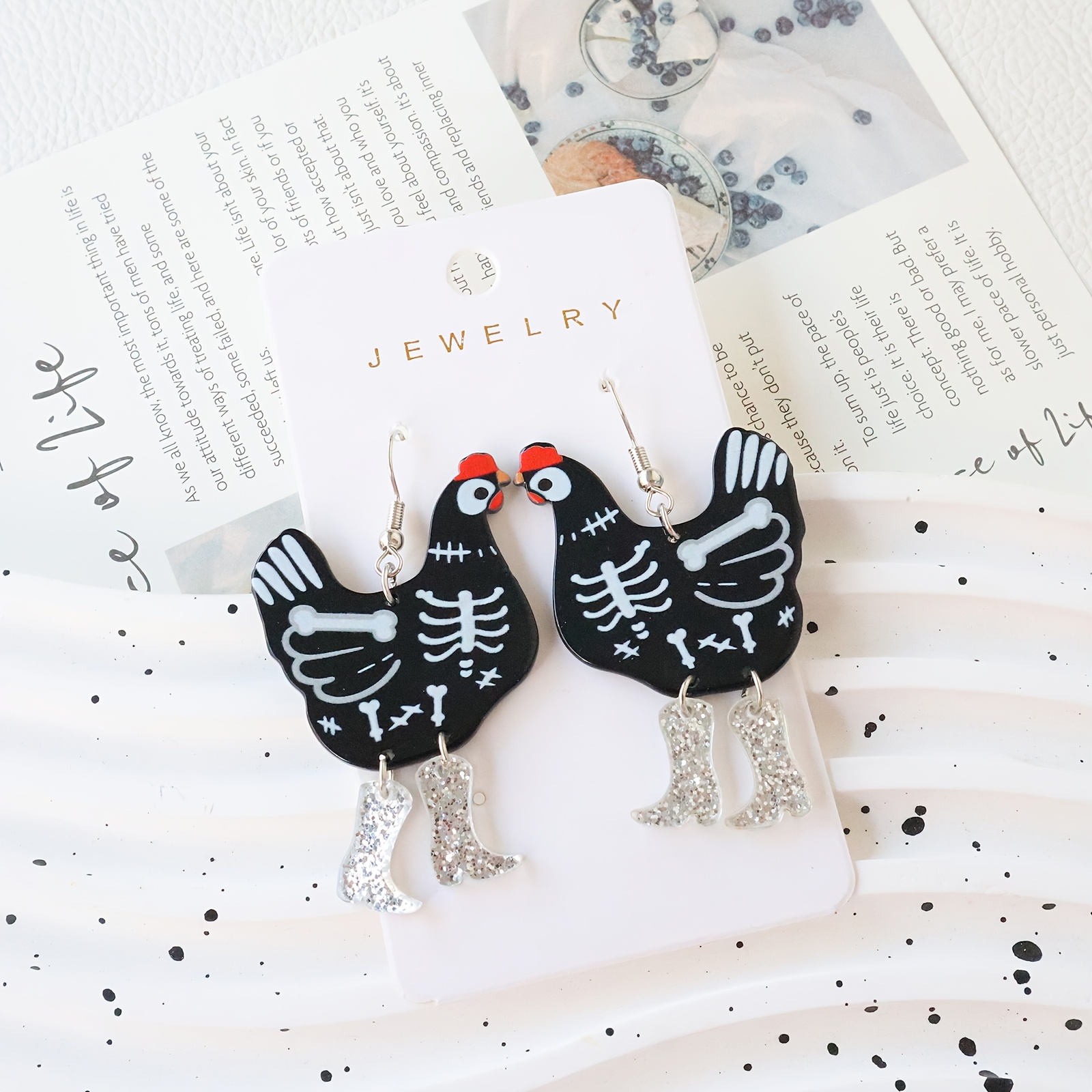 TEMU A Pair Of Halloween Acrylic Cute Skull Chicken Earrings, Fun Skeleton Chick Wearing Boots, Holiday Party Gift Dangling Earrings