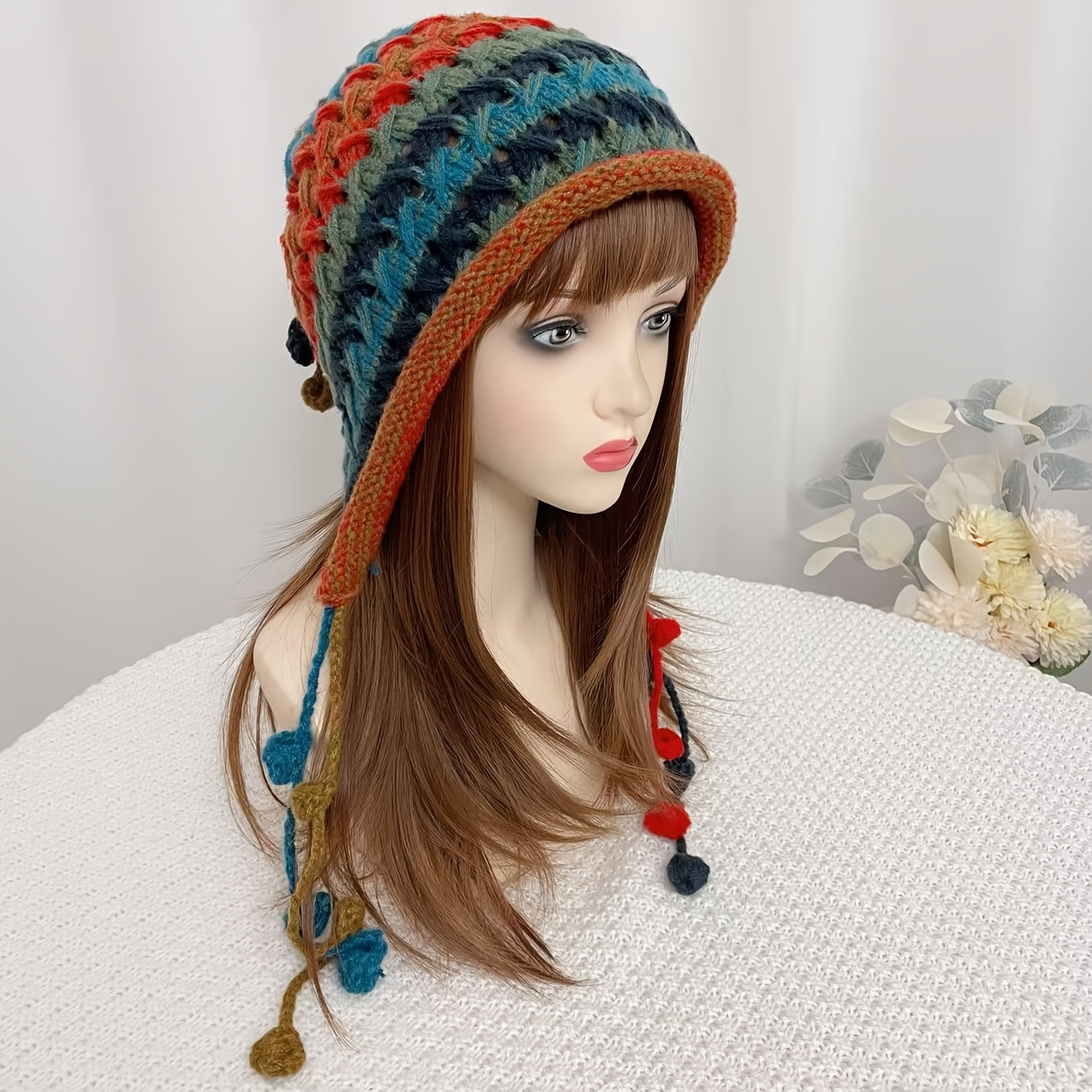 

Bohemian Style Handmade Crochet Tassel Ball Lace-up Ear Protection Beanie Hat For Women, Hollow Knit Ear Protection Hat