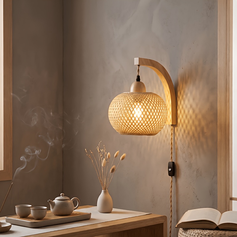 TEMU Bamboo Wall Sconce, Plug-in Wicker Lantern Light With Cord, Natural Rattan Farmhouse Wall Lamp For Living Room & Bedroom, Boho Wall Decor
