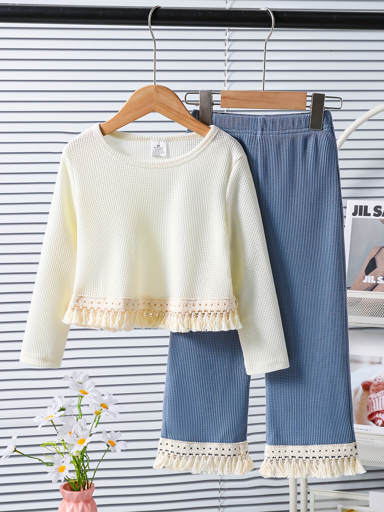 Adorable girls two piece lounge set in soft fabric with charming fringe trim Perfect for spring or autumn