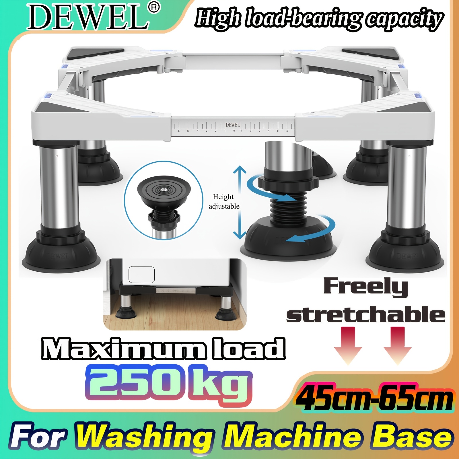 Dewel Adjustable Washing Machine Base For Household Appliance, Base Structure For Washing Machine, Refrigerator, Dryer And Freezer, 250 Kg Load Capacity, Adjustable 45-65 Cm Telescopic Bracket, White