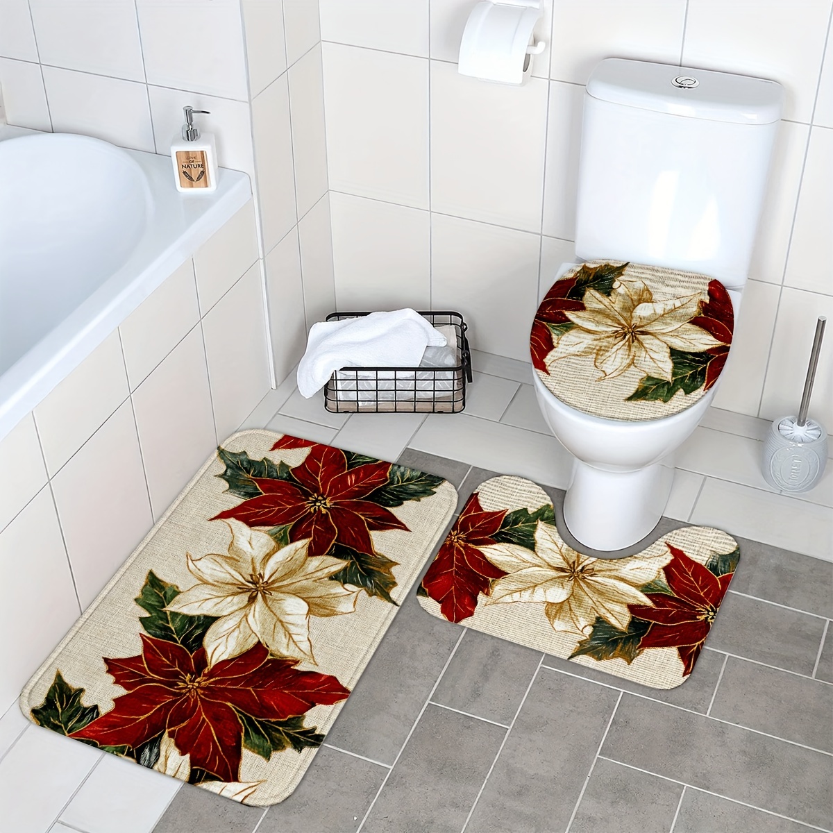 

Christmas Floral 3pcs Bathroom Rug Set - Non-slip, Washable Mats For Kitchen, Bedroom & Bathroom Decor - Includes Bath Mat, Contour Mat & Toilet Lid Cover