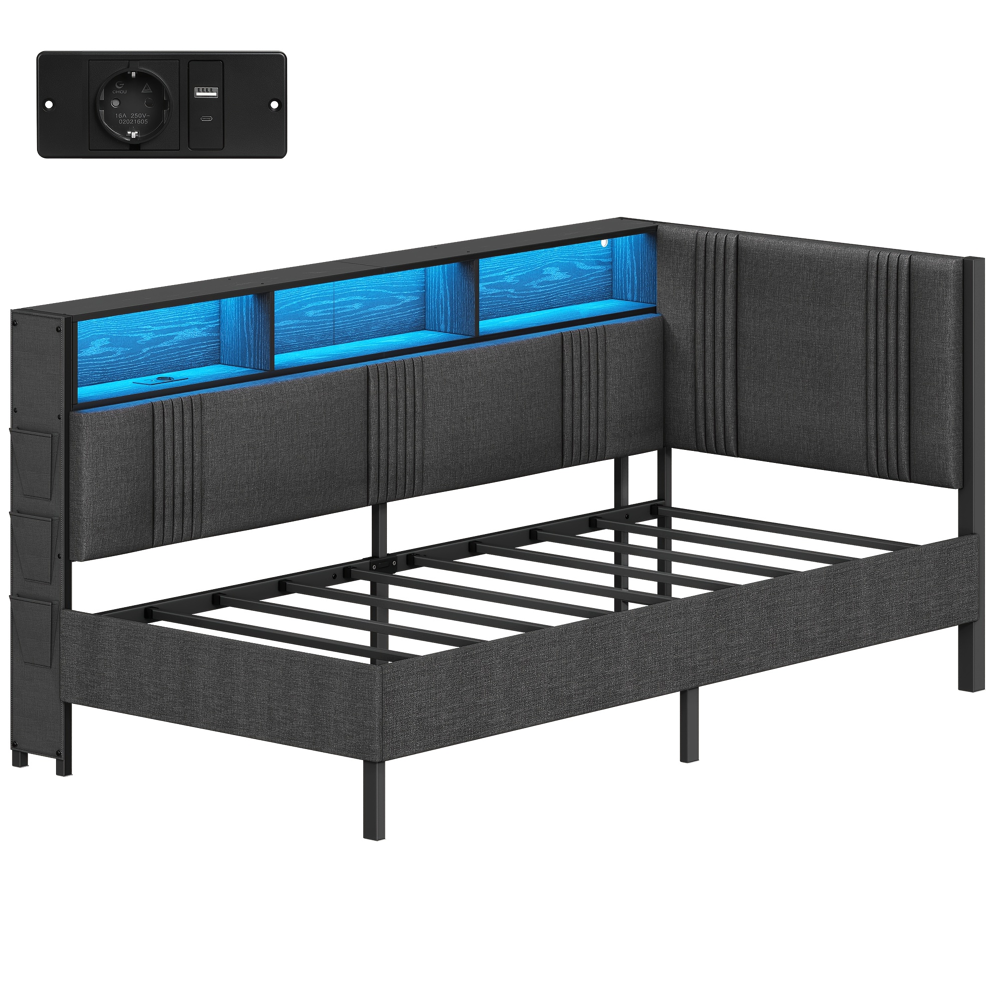 Image of Sofa Bed 190×106cm, Corner Bed With Led Lighting And 3 Storage Compartments, Single Bed Frame With Power Strip, Metal Slatted Frame, Black