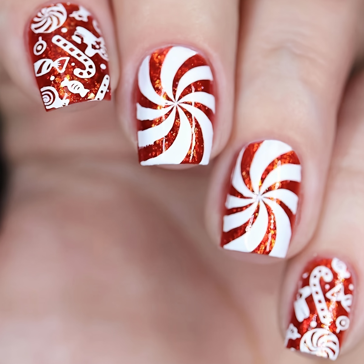 

24pcs Christmas Candy Red Glitter Spiral Press-on Nails, Holiday Fake Nail Tips For Women