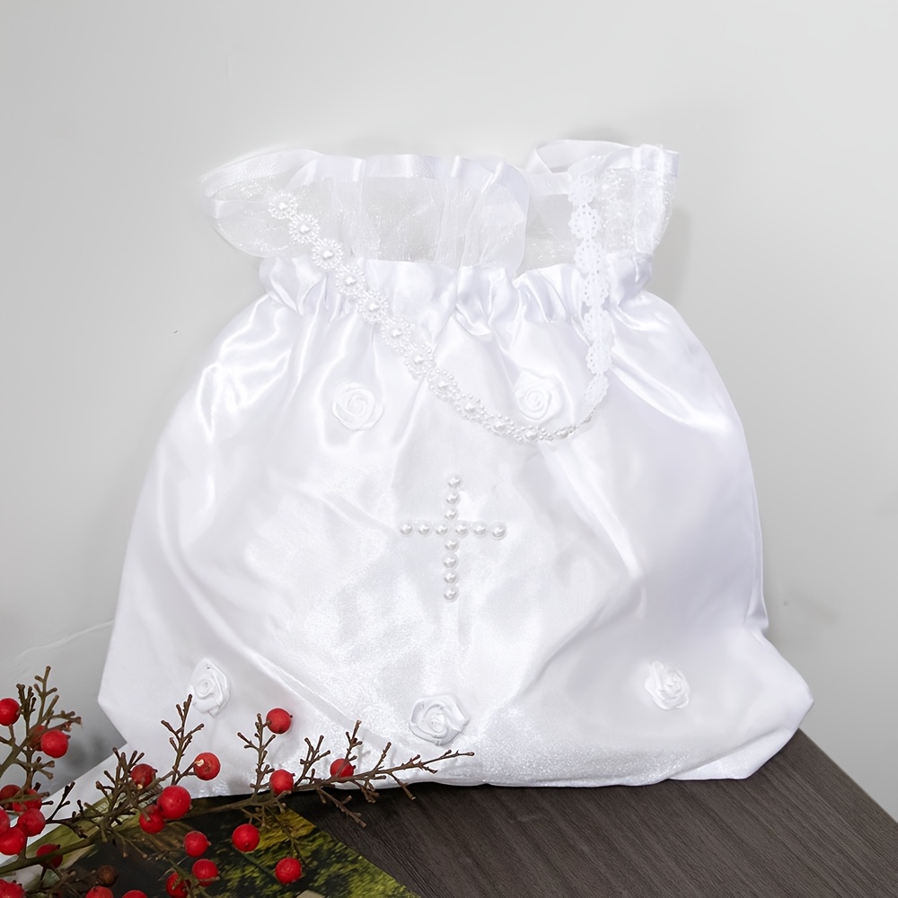 Image of Elegant Cross Flower Bag Suitable For First Holy Communion, Baptism Christening Gift, Wedding Keepsake - Church Bag With Pearl Cross Decoration For, Godmother Present, Bridal