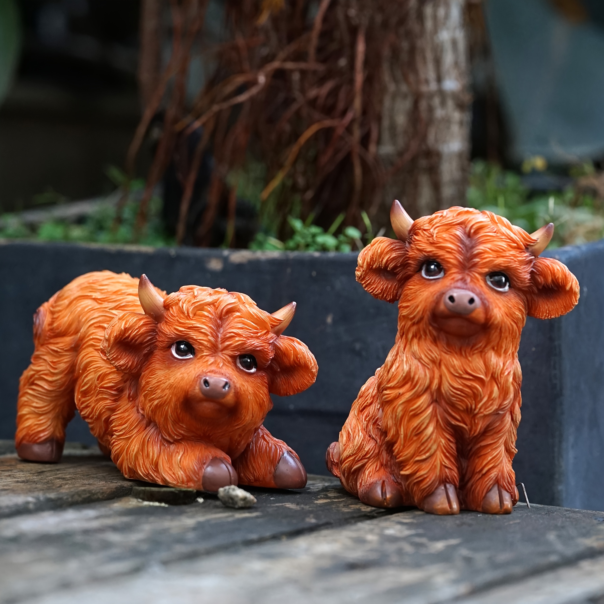 

2pcs Highland Cow Resin Statues, Rustic Farmhouse Animal Decor, Tabletop Figurines For Home & Garden, No Electricity Or Battery Needed