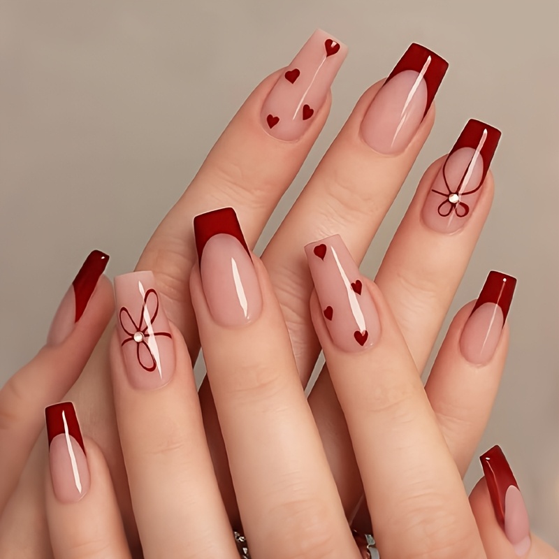 Image of 24pcs Valentine Press On Nails Medium Square Coffin Fake Nails Reusable Surface Glossy With Bow Heart 3d Rhinestone Burgundy Acrylic Nails Sweet Red Tips Nails For Woman Daily Wear Festival Party