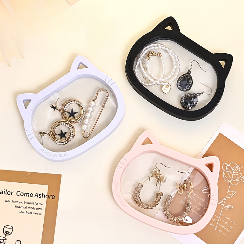 

3pcs Cat-themed Jewelry Organizer Box With Mirror – Elastic Display Case For Rings, Earrings, And Bracelets, White, Pink, Black – Compact Desktop Storage Solution For Jewelry Protection