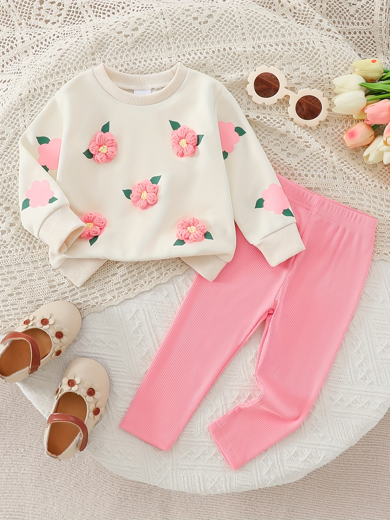 Girls Floral Print Sports Shirt Knit Pants Set Perfect