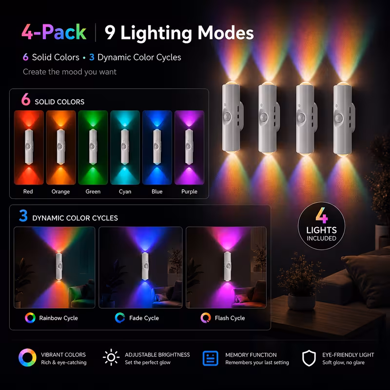 4 个装双光 rgb 人体感应壁灯,9 种灯光多档调光,120° 广角感应,ip44 防水磁吸免打孔,usb充电,适配走廊、卧室、浴室、玄关 商品详情 5