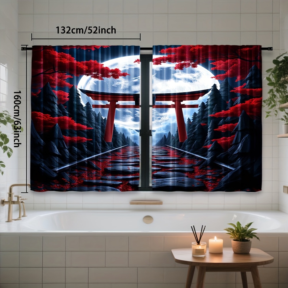TEMU 2pcs, Japanese Torii Gate Red Moon Art Artistic Print Polyester Curtains Rod Light Filtering For Bedroom Living Room Office Decor, Great For
