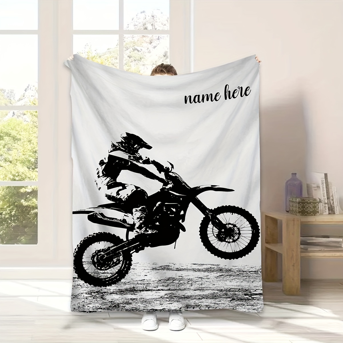 

Customizable Motorbike Silhouette Throw Blanket With Personalized Name, Soft Flannel Fleece For Sofa, Bed, Travel, Camping, Office - Machine Washable, Hypoallergenic, Knitted Polyester, For All