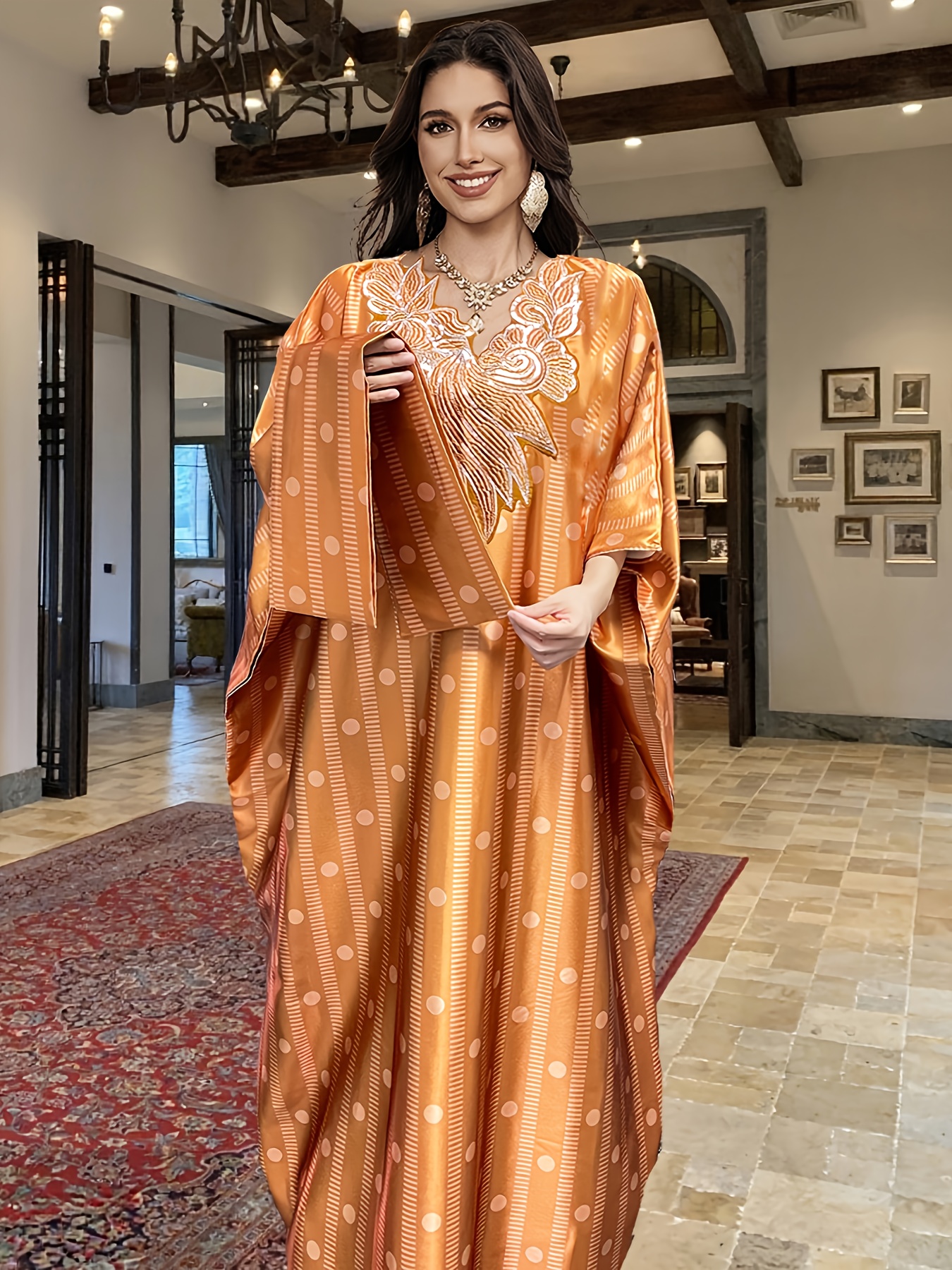 Women's Kaftan Robe - Elegant Maxi Dress with & Batwing Sleeves, Full-Body Mustard-Yellow Print ( Dress) for Beach Wedding, Daily Wear - Hand Washable Loose Fit Middle Eastern Gown
