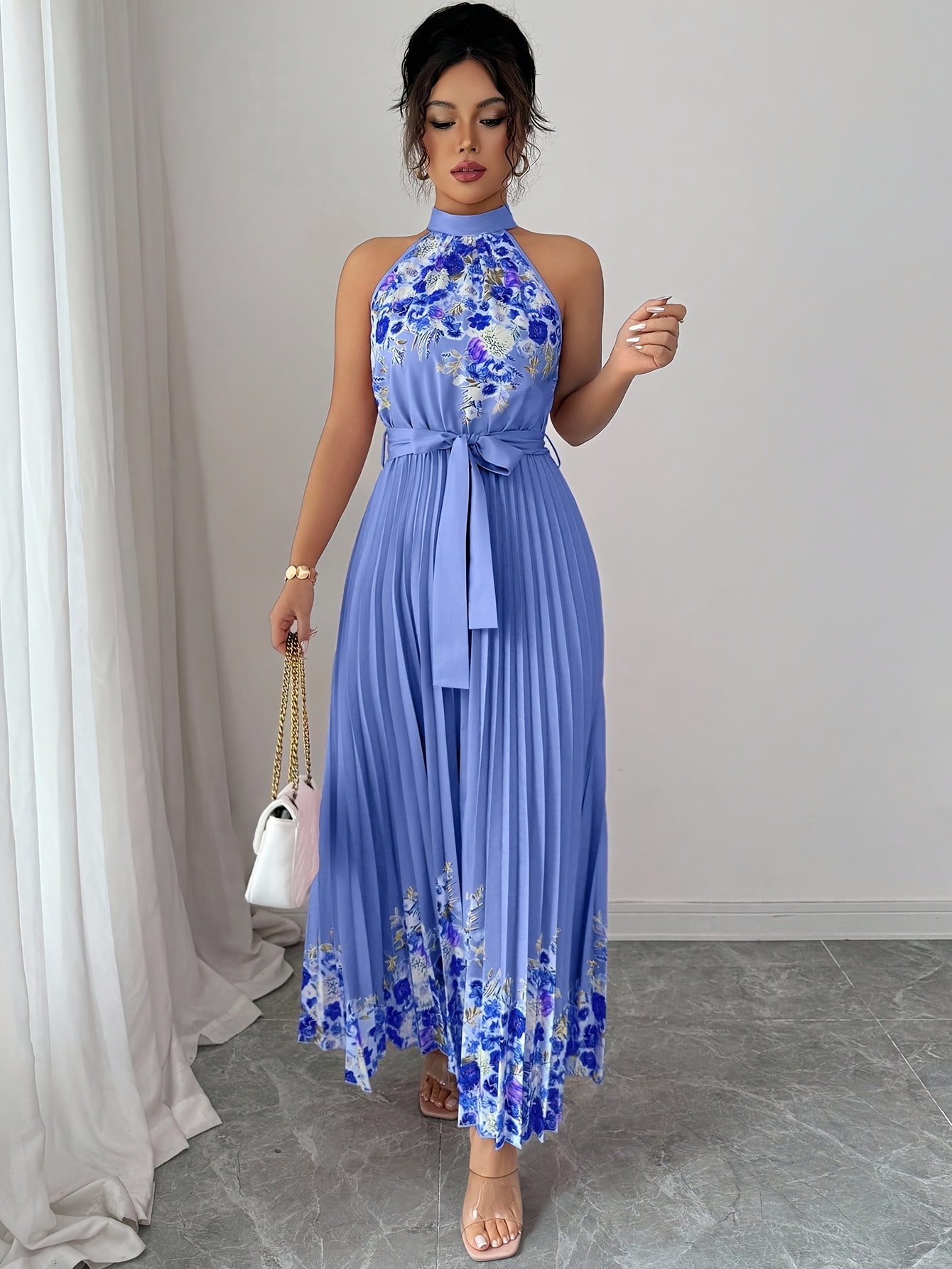 Fashionable New Women'S Summer Halter Floral Print Pleated Dress