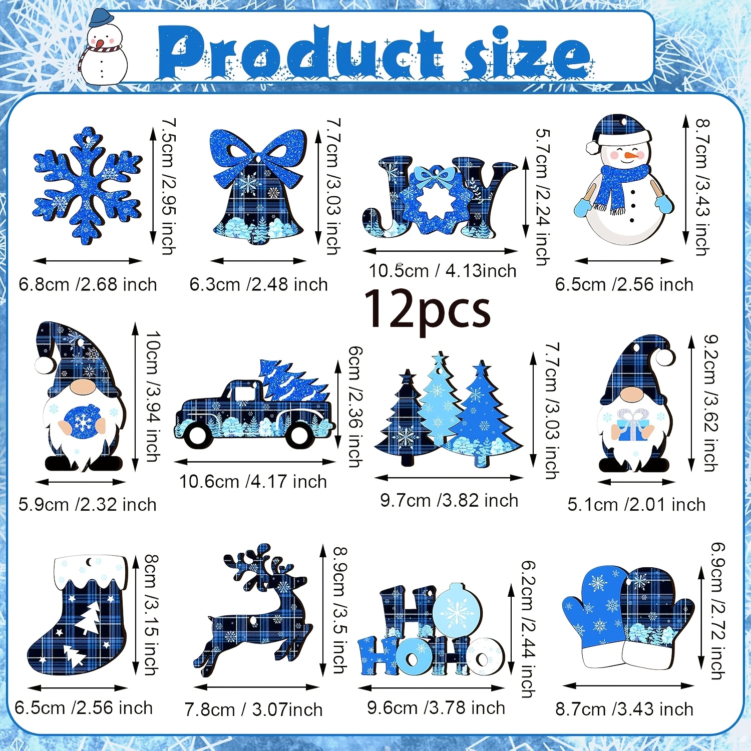 TEMU 12pcs Traditional Blue Christmas Ornament Hanging Decorations With Snowman, Gnome, Reindeer, Bell & Long Stocking - Paper Suitable For Tree,