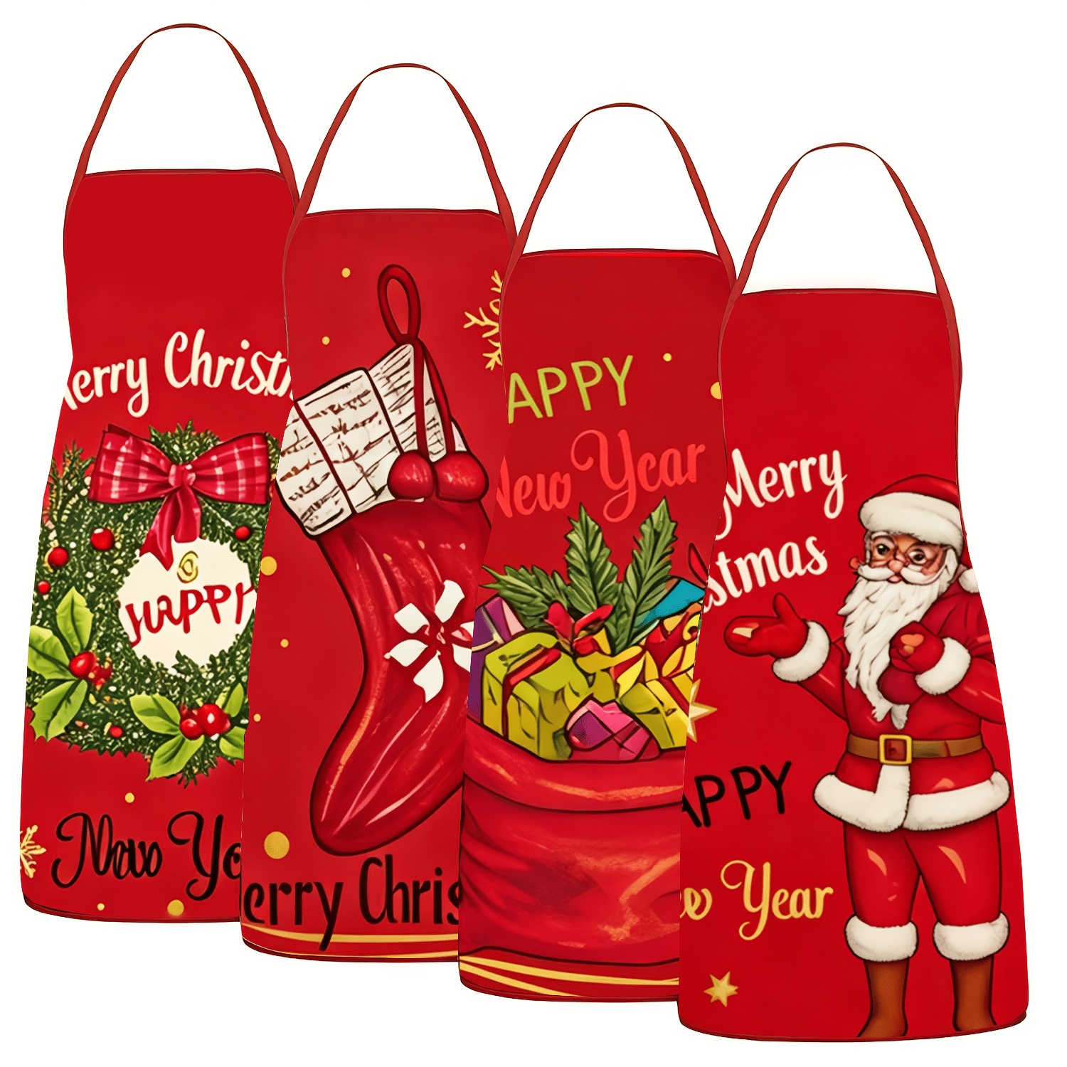 TEMU 4pcs Christmas Red Aprons, 20.5 X 28.3 Inches, Red Background Aprons Decorated With Santa Claus And Sock Gifts, Men's And Women's Universal