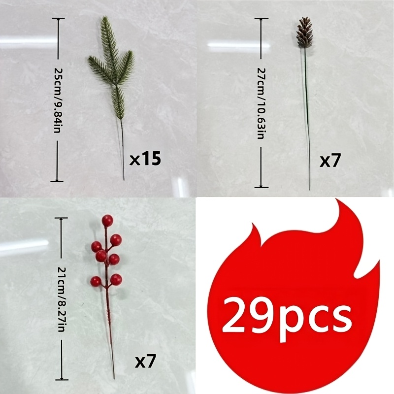 TEMU 29pcs Artificial Pine Branches, Artificial Flowers With Norfolk Stems, With Emerald Green Foliage, Pinecones, And Red Berries. This Artificial