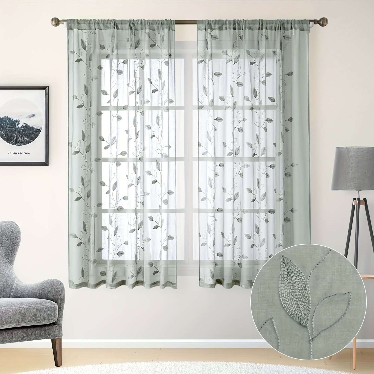 

2pcs Leaf Embroidered Sheer Curtains, Rod Pocket Window Curtains Panels, For Bedroom Living Room Home Decor