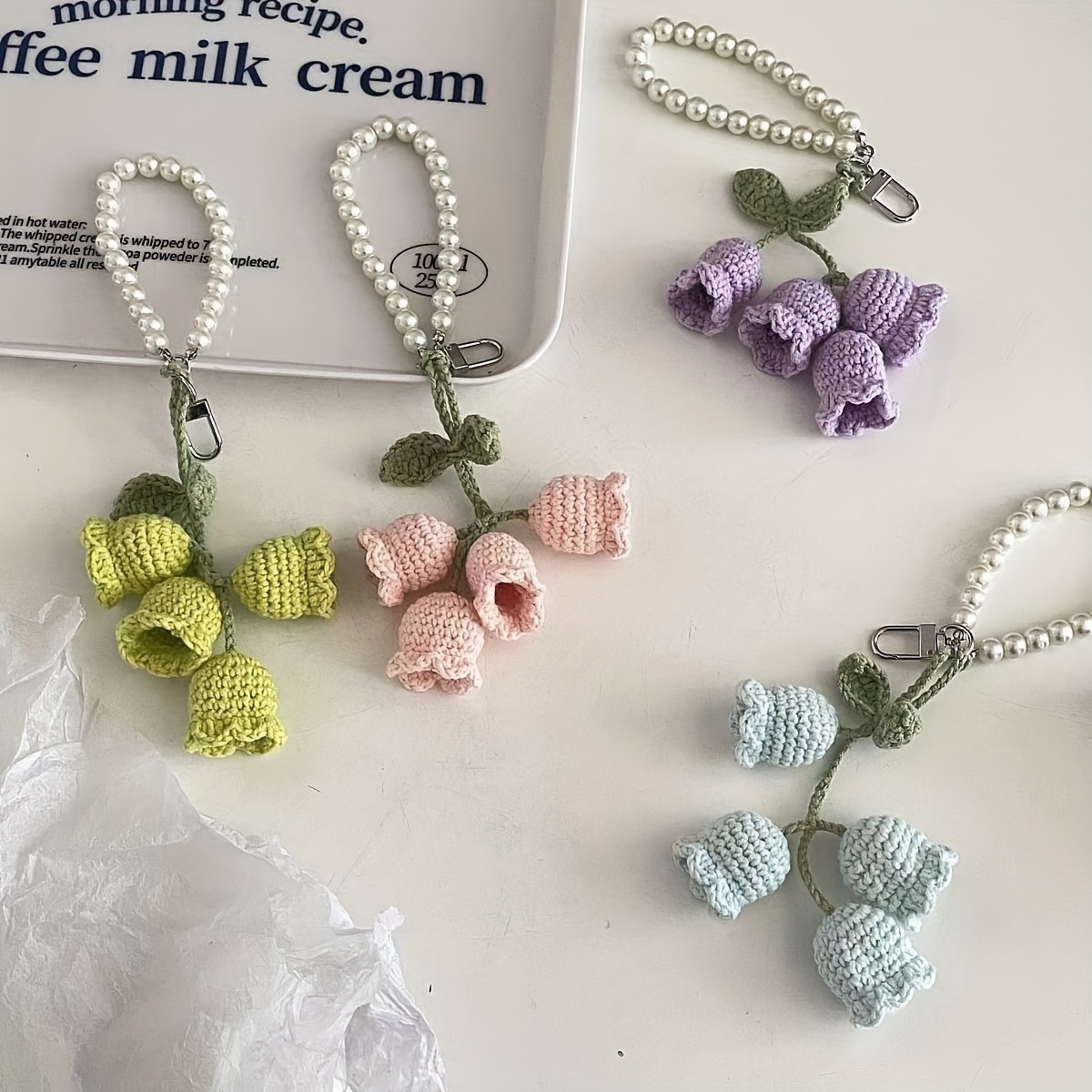 

Handmade Crochet Tulip Keychain With Pearl Chain, Cute Floral Bag Charm, Pastel Wool Yarn Blossoms Stylish Accessory