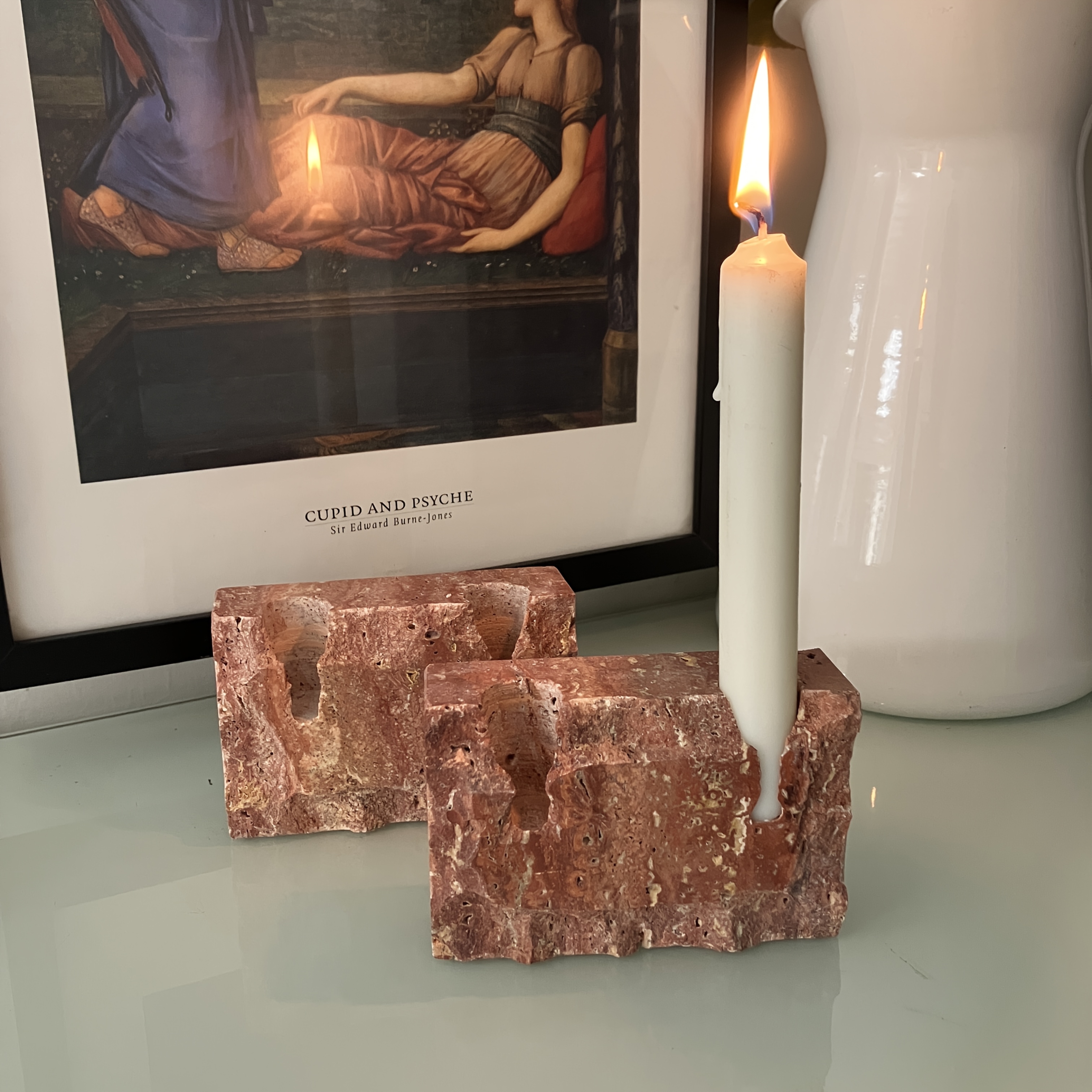 1pc Natural Red Marble Candle Holder - Uniquely Designed Rectangular Two-Hole Candleholder, Holiday Candle Holder, Onyx Candle Holder Base, Travertine Candle Holder, Multi-Branch Candle Holder, Suitable for Weddings, Parties, and Holiday Decoration.