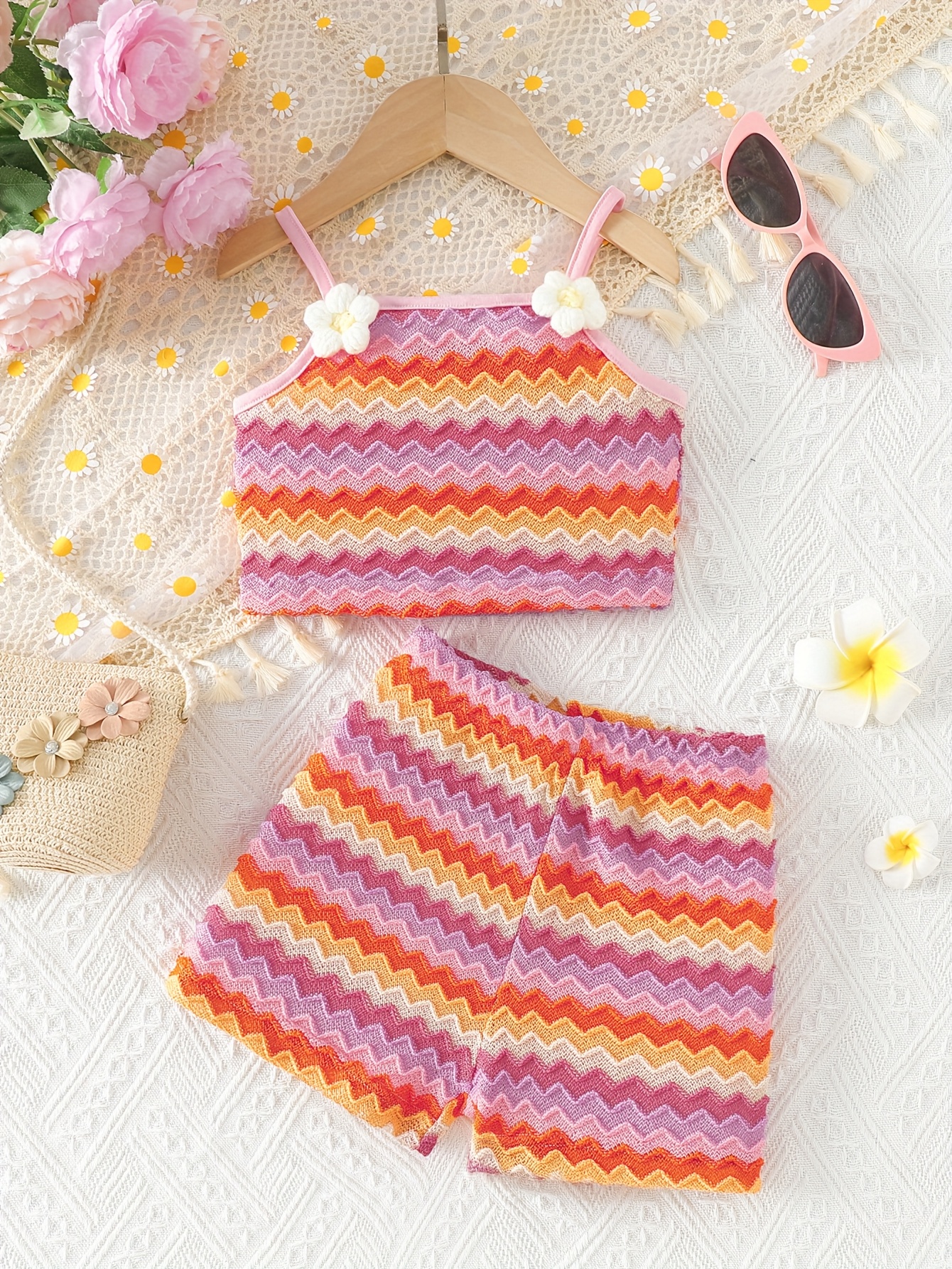 Girls' Two-Piece Set: Fashionable Floral Knit Striped Crop Loose  Crochet Patterned Knitted Stripe Wide-Leg Shorts Summer Casual Outfit,  Perfect