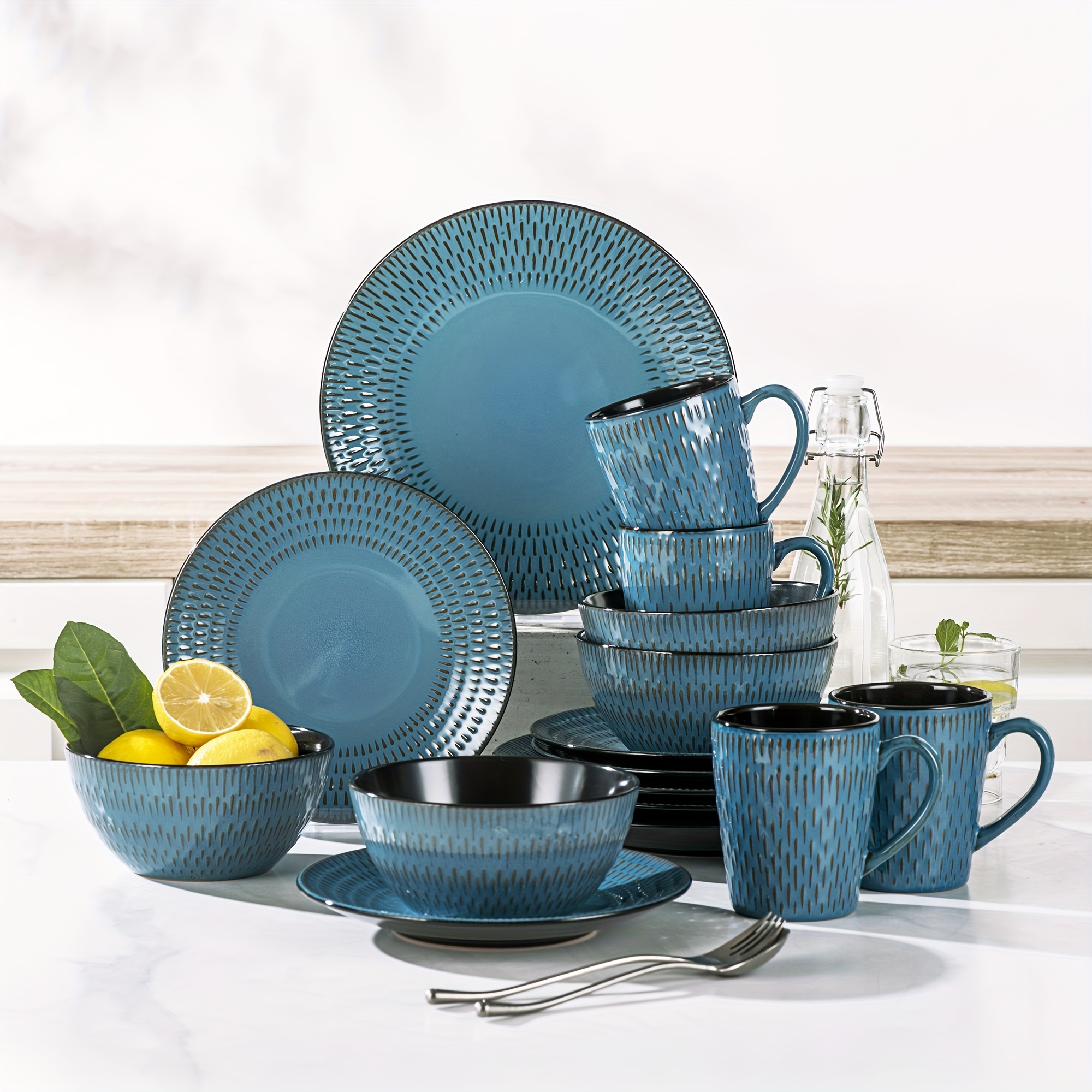 embossed dinner set stoneware vintage look blue dinnerware Temu