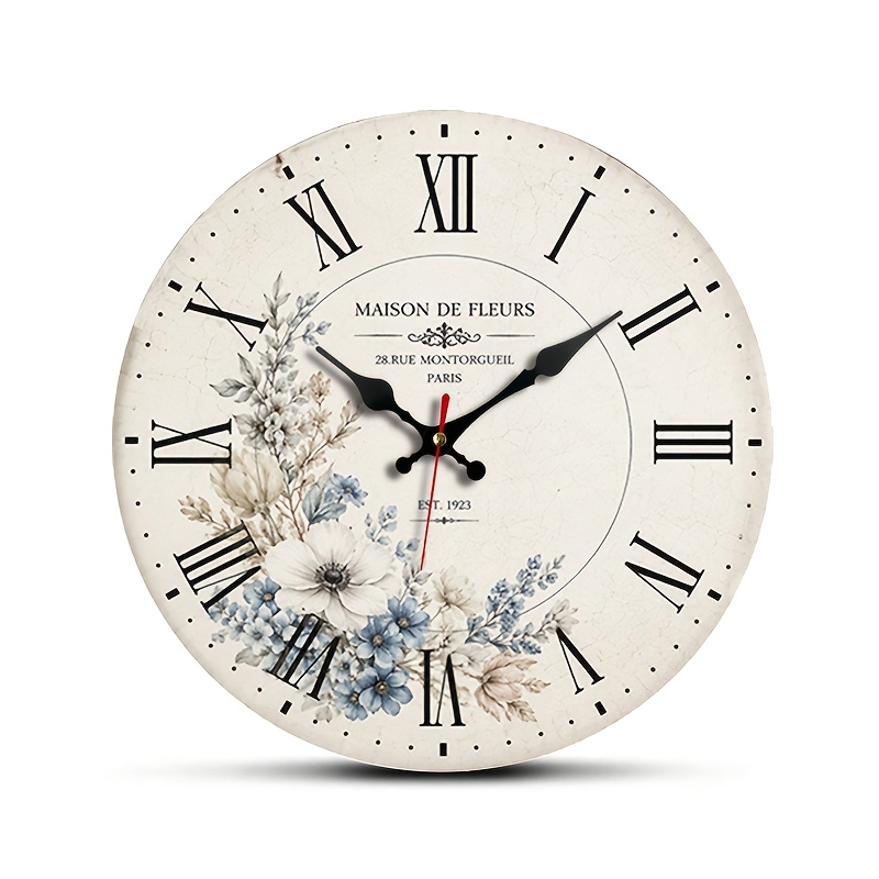TEMU 1pc Round Wall Clock, Parisian Flower Shop , French Retro Style Decor, Silent Non-ticking Wooden Clock, Suitable For Bedroom Living Room Office