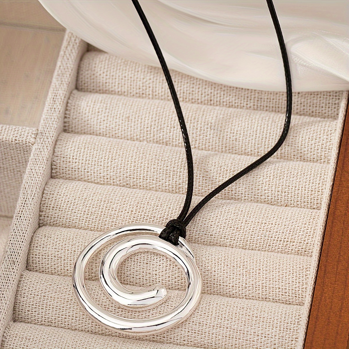Image of 1pc Elegant Alloy Pendant Necklace For Women, Sexy Spiral Design, Silvery Plated, With Black Cord, Versatile For Daily Wear And Parties, Accessory