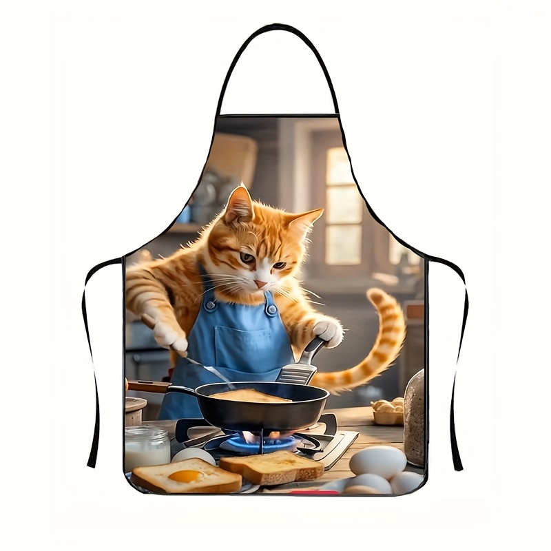 TEMU 1pc Chef Apron With Blue Pockets - Fun , Polyester Fabric, Adorable Cooking Cat Illustration, Perfect For Home Use, Cat Apron