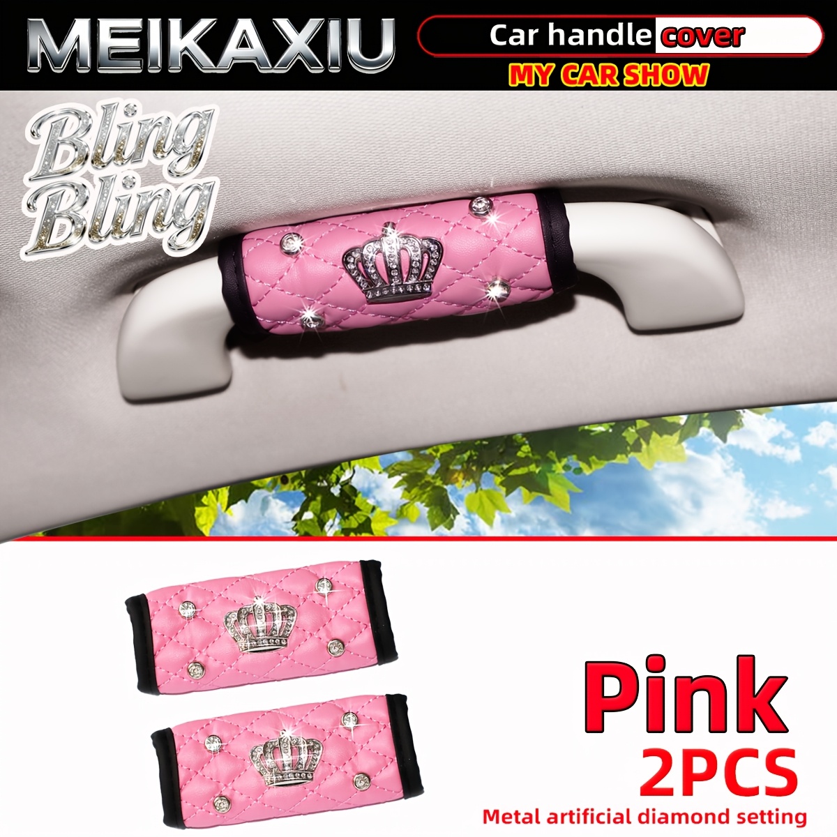 E-shop 2er-Pack PU-Weichleder mit Strasssteinen – Bling Bling Stoff – Bequem, Weich, Atmungsaktiv – Universeller Griffschutz für Auto-Innenraum –